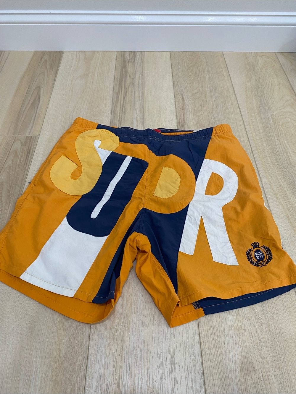 Supreme Men’s Swim Shorts Size Small Orange Navy White Elastic Waist